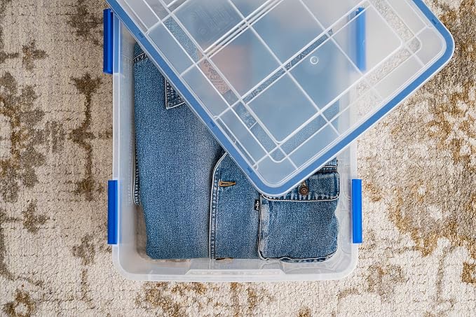 IRIS USA WeatherPro 27 Qt Storage Bins with Lids, 3 Pack, BPA-Free Plastic Gasket Box with Tight Latch and Seal, Stackable Nestable Tote Tub - Clear/Blue