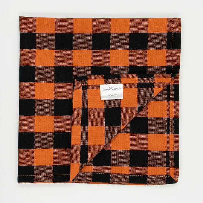 PurpleEssences Buffalo Plaid Cloth Napkins - Mitered Corners - Spring Easter Summer - Gingham Check Dinner Napkin - Set of 12-100% Cotton - 18x18 Inch - Reusable Washable - Orange and Black