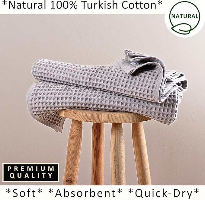 PÜSKÜL Natural 100% Turkish Cotton Waffle Bath Towels Set of 2-Piece | 32x63 inch Extra Large Absorbent Quick-Dry Lightweight Spa Towel | Luxury Sauna Accessories (Gray, Bath Towels - Pack of 2)