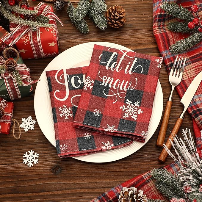 Funnymoom 24 Pcs Christmas Plaid Cloth Napkins Buffalo Gingham 15 x 15 Inches Snowflakes Black and Red Checked Cotton Dinner Napkins Soft Absorbent Washable for Holiday Winter Xmas Party