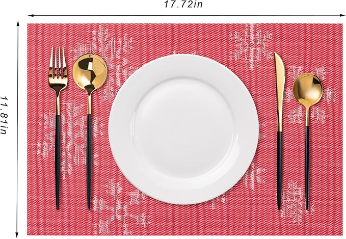 CADONO Placemats Set of 6 Washable Indoor/Outdoor Vinyl Place Mats for Dining Table Durable Non-Slip Heat Resistant PVC Weave Table Mats（Christmas Snow-Red）