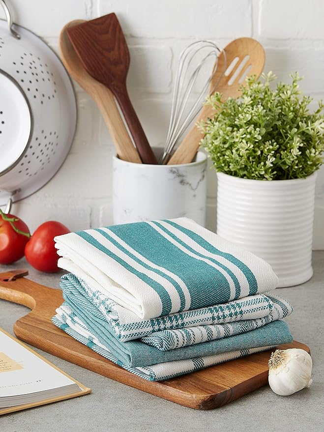 DII Assorted Woven, Kitchen Dishtowel Set, 18x28, Teal, 5 Piece