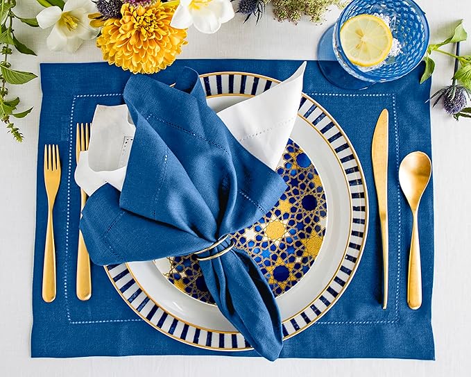 Solino Home Linen Napkins Set of 4 - Classic Hemstitch 100% Pure Linen Indigo Blue Dinner Napkins Cloth 20 x 20 Inch for Spring, Summer, Mothers Day - Handcrafted and Machine Washable