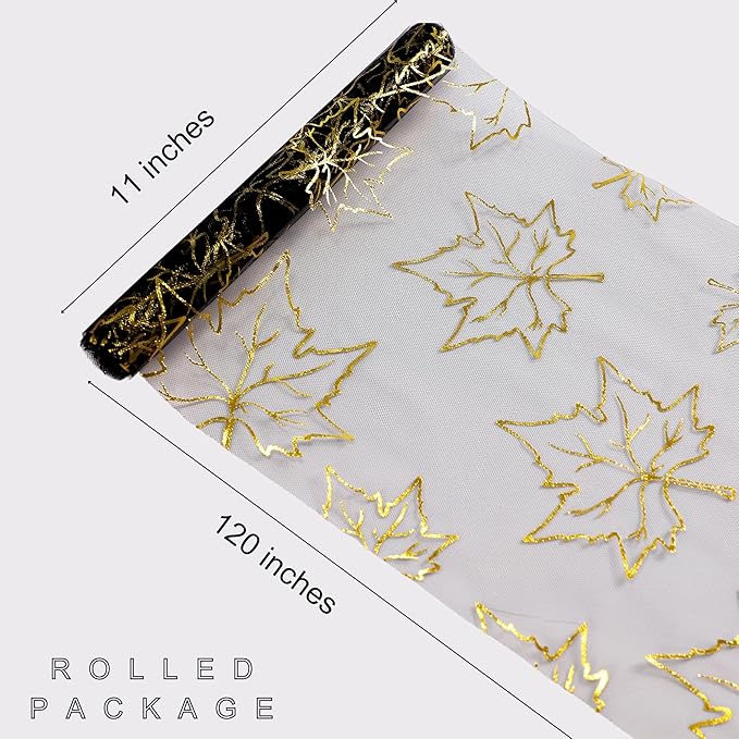Snowkingdom Fall Table Runners, Gold Maple Leaves Thanksgiving Table Decorations for Autumn Harvest Sequin Glitter Lightweight Black Thin Mesh Sparkle Farmhouse Dining Party Decor 120 Inch