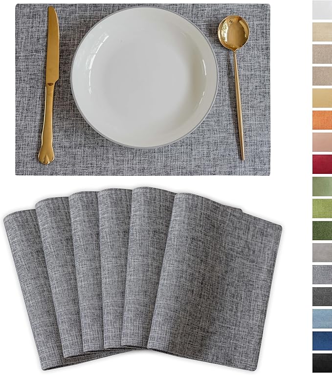Demetex Cloth Placemats Set of 6 Table Mats Gray Linen Place Mats for Buffet Kitchen and Dining Room, Ash Grey