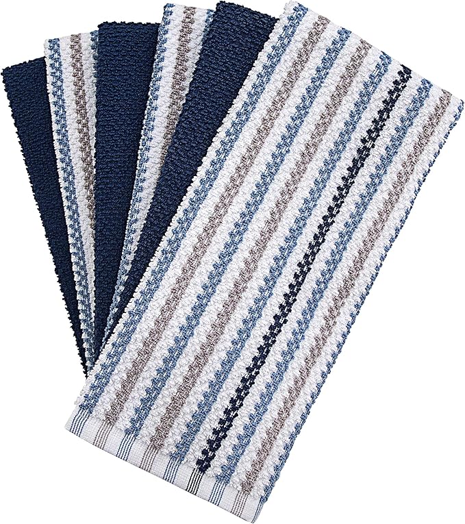 Premium Kitchen Towels (16”x 26”, 6 Pack) | Large Cotton Kitchen Hand Towels | Popcorn Striped Design | Dish Towels | 430 GSM Highly Absorbent Tea Towels Set with Hanging Loop | Blue
