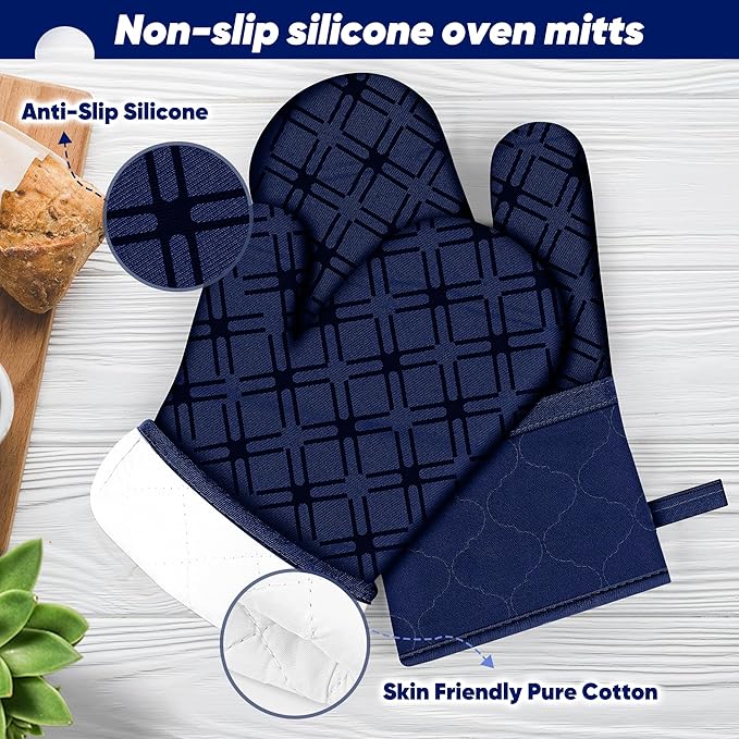 Oven Mitts and Pot Holders Set with Dishcloths, 500 Degree Heat Resistant Oven Gloves and Hot Pads, Premium Soft Cotton Kitchen Mittens and Dish Cloth Sets-Marine Blue