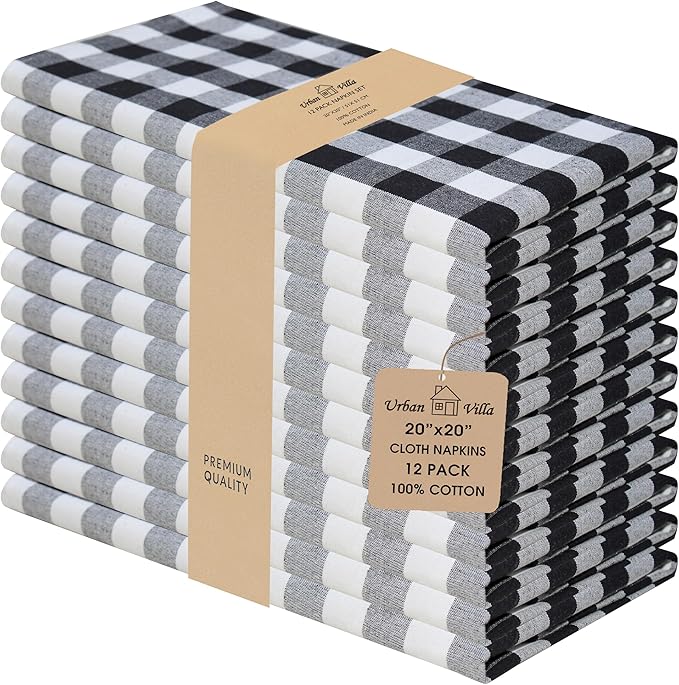 Urban Villa Cloth Napkins Set of 12 20x20 Inches 100% Cotton Napkins Cloth Washable Durable Reusable Absorbent Table Dinner Napkins Cloth for Hotel Lunch Restaurant Weddings Parties-Black white Checks