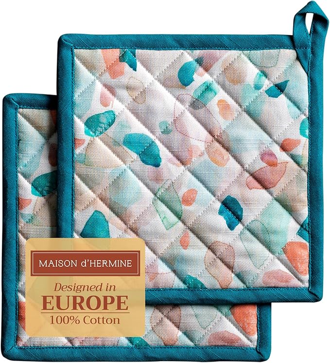 Maison d' Hermine Pot Holders 100% Cotton Heat Resistant Potholders 8" x 8" Hot Pads with Loop BBQ Cooking Baking Gifts for Mothers Day Handling Hot Pans Spring/Summer (Pack of 2, Summer Picnic)