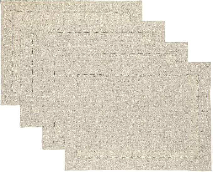 Solino Home Linen Placemats Set of 4 - Classic Hemstitch Natural Placemats 14 x 19 Inch - 100% Pure Linen Table Mats for Spring, Summer, Mothers Day