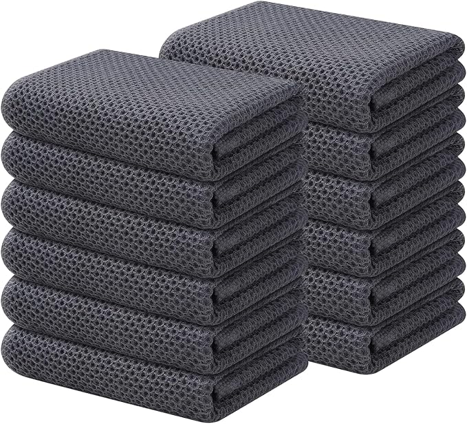 Kitinjoy 100% Cotton Waffle Weave Kitchen Hand Towels (13 X 28 Inches, Dark Grey), 12-Pack Super Soft and Absorbent Dish Towel for Drying Dishes