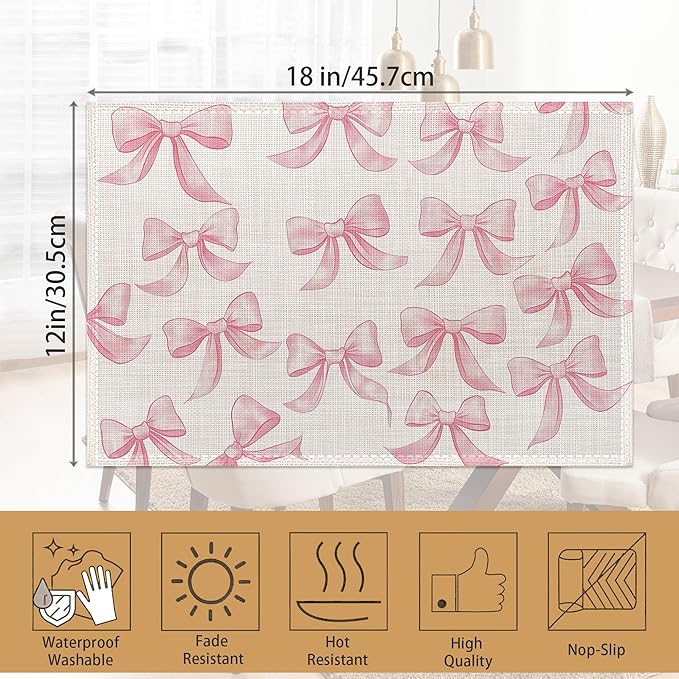 Pink Bows Placemats Set of 6,Cute Waterproof Non-Slip Washable Table Mats for Kitchen Dining Holiday Party Wedding Decor 12x18 Inch