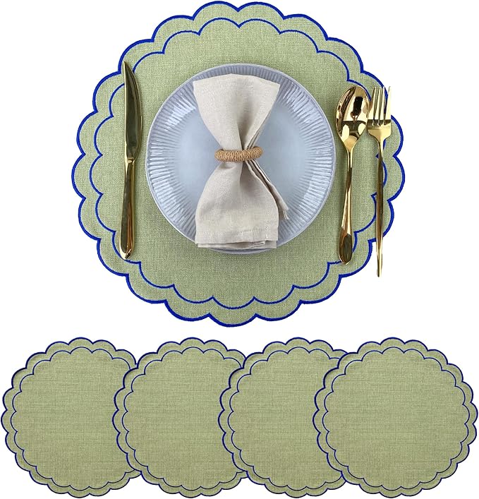 Linen Cotton Placemats Set of 4 Scalloped Flower Embroidery Place Mats 15'' Natural Linen Texture Fabric Machine Washable Table Mats for Restaurant Kitchen,Table Decor(Matcha Green)