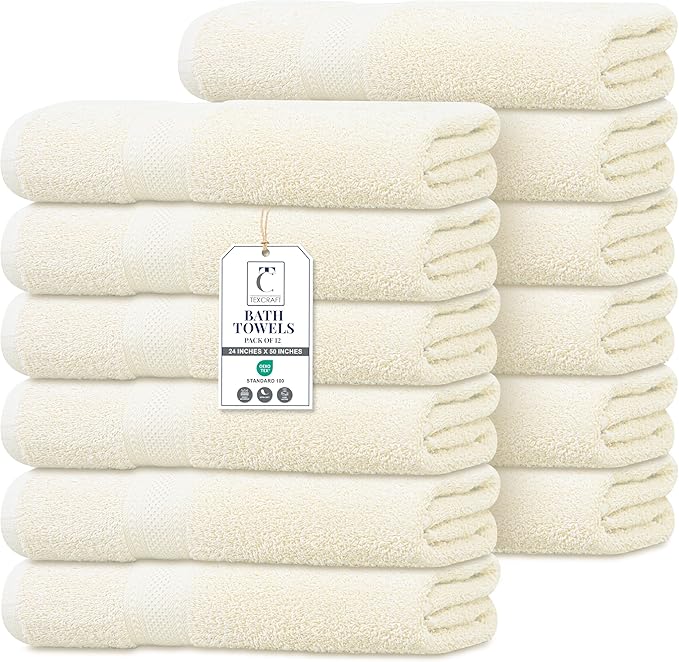 Commercial Bulk Pack of 12 Large Bath Towels – 100% Cotton Terry 24" x 50" – Ideal for Hotels, Salons, Gyms, Spas & Institutional Use – Ivory