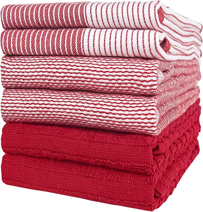 Premium Kitchen Towels (20”x 28”, 6 Pack) | Large Cotton Dish Towels | Flat & Terry Highly Absorbent Kitchen Linen Set with Hanging Loop | Red