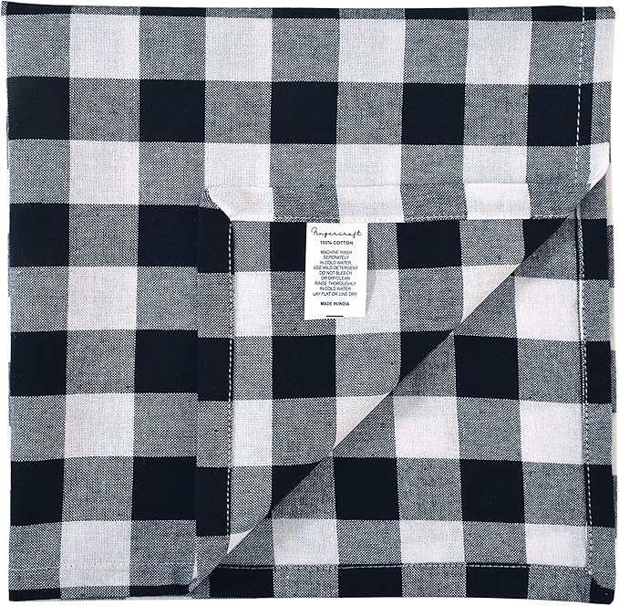 FINGERCRAFT Cloth Napkins, Everyday Use, Premium Quality, Cotton Buffalo Plaid, Set of 12, 20X20 Inch Oversized Napkins Cloth Mitered Corners, Soft, Durable Hotel Quality Black White Checkered