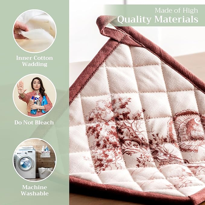 Maison d' Hermine Pot Holders Set 100% Cotton Heat Resistant Potholders 8" x 8" Hot Pads with Loop for Thanksgiving Christmas Decorations BBQ Baking Handling Hot Pans (Pack of 2, Holy Jouy - Brown)