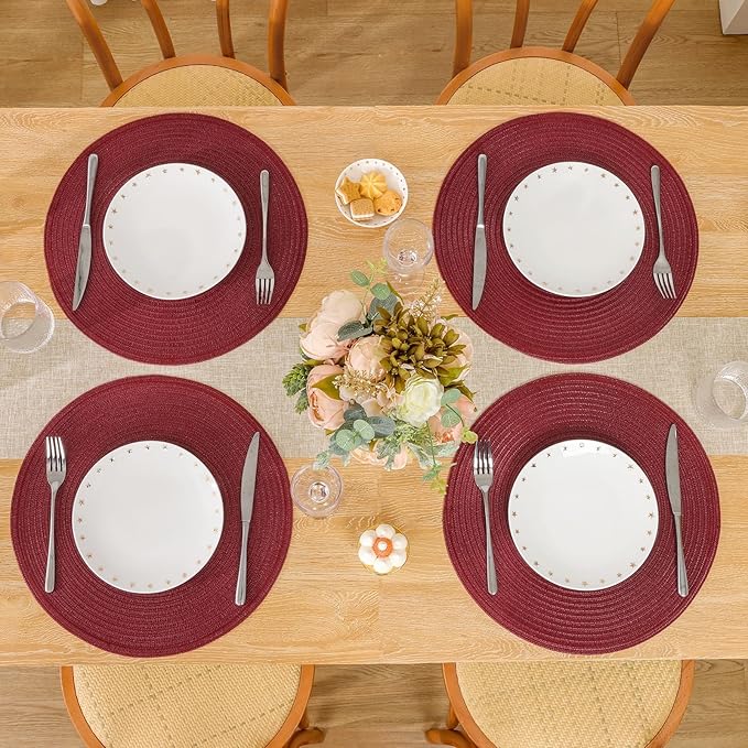 SHACOS Round Placemats Set of 12 for Dining Table 15 inch Round Braided Place Mats Cotton Polyester Washable Non Slip Kitchen Table Mats, Burgundy