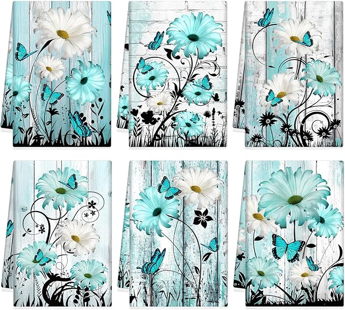 Breling Set of 6 Teal Daisy Kitchen Towel Vintage Themed Dish Towel Turquoise Bathroom Decorative Rustic Tea Cloths for Kitchen Bathroom Home Cooking Housewarming Gifts, 14 x 21 Inch
