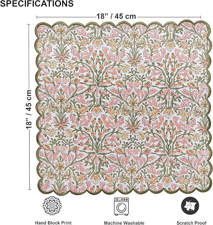 Ridhi Hand Block Print Sassy Salmon Pink 18" x 18" (Set of 4) Embroidery Table Napkins Reusable Cotton Dinner Napkins for Weddings, Parties, Everyday Dining Gift for Spring, Easter, Valentine