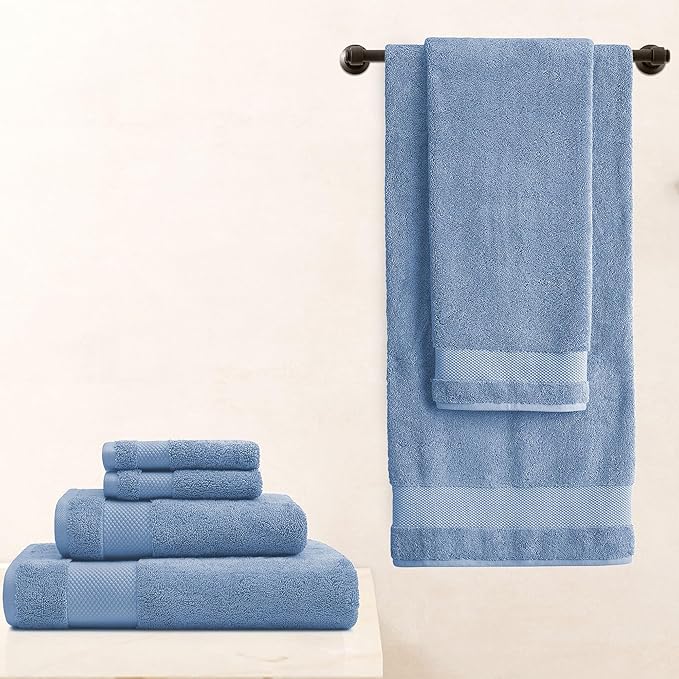 BIOWEAVES 100% Organic Cotton 700 GSM Plush 6-Piece Towel Set GOTS Certified, 2 Bath Towels, 2 Hand Towels & 2 Washcloths - Cerulean Blue