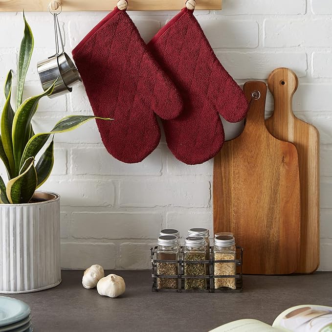 DII Basic Terry Collection 100% Cotton Quilted, Oven Mitt, Wine, 2 Piece