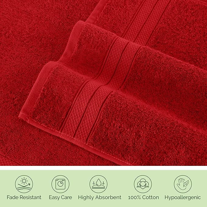 Elegant Comfort Luxury 6-Piece Towel Set, Premium Soft 100% Turkish Cotton, Three Line Popcorn Design 2 Bath Towels, 2 Hand Towels and 2 Washcloths Towel Set - Quick-Drying and Absorbent, Red