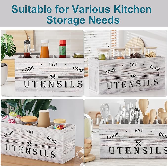 ZUJJAFY Utensil Holder for Kitchen Counter, Large Kitchen Utensil Holder for Countertop with 4 Compartments, Wooden Cooking Utensil Organizer for Spatula Storage, White