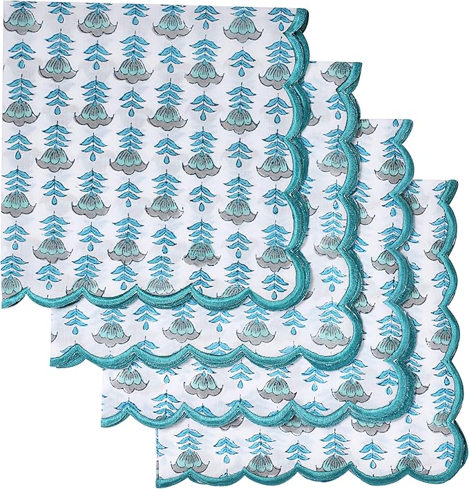 Ridhi Hand Block Print Aquamarine Blue 18" x 18" (Set of 4) Embroidery Table Napkins Reusable Cotton Dinner Napkins for Weddings, Parties, Everyday Dining Gift for Spring, Easter, Valentine
