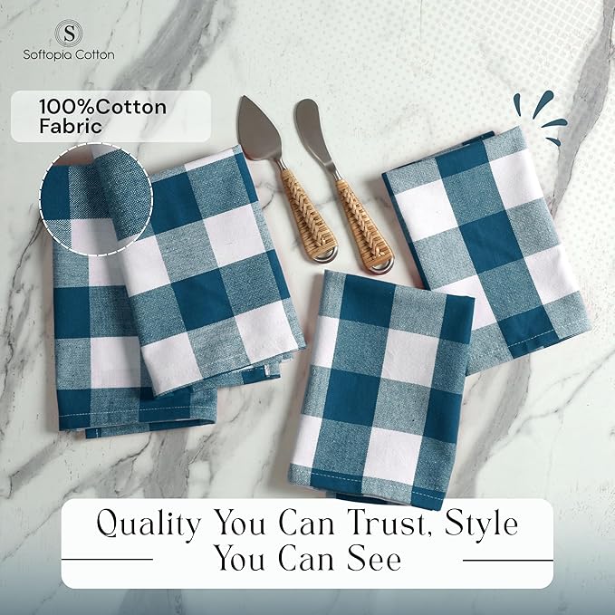 Buffalo Plaid Cloth Napkins, Set of 4, Soft, Durable, Wrinkle Free Fabric Napkins, Checked Napkins for Dinner, Wedding, Restaurant, Buffet, Party, Christmas - Teal White (16”X16”)