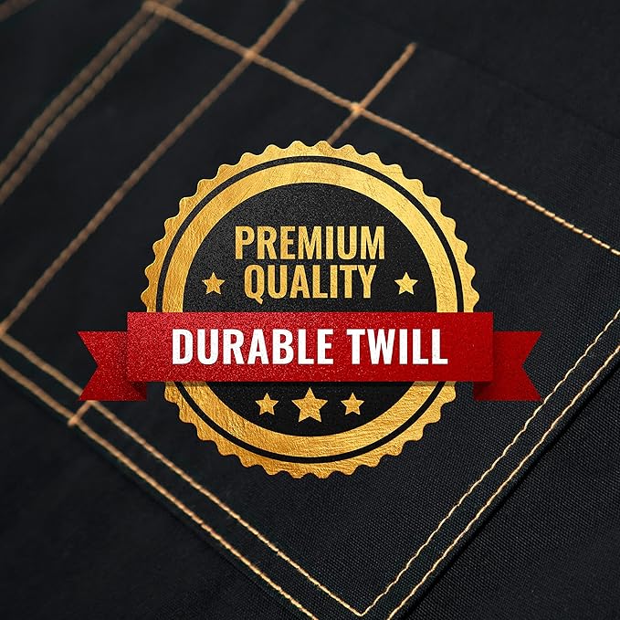 Under NY Sky Essential Deep Black Apron – Cross-Back with Durable Twill and Leather Reinforcement – Adjustable for Men and Women – Pro Chef, Tattoo Artist, Baker, Barista, Bartender, Server Aprons