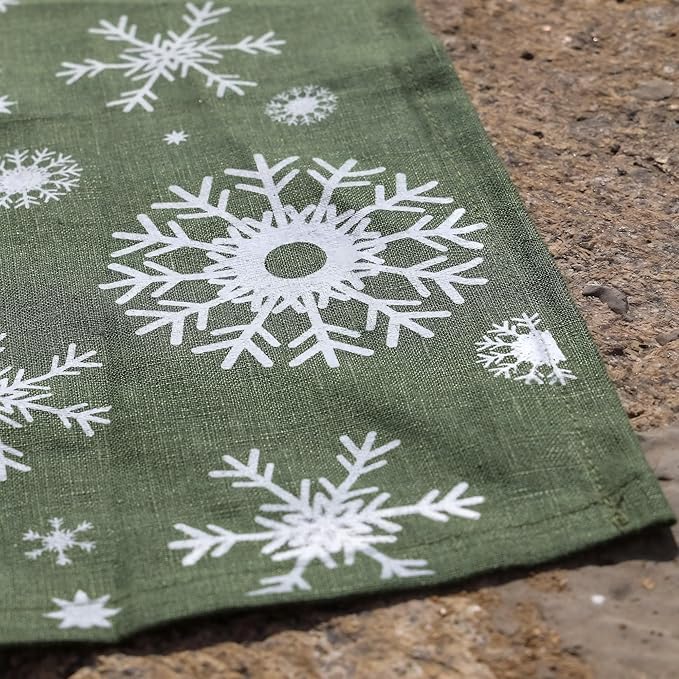 100% Pure Linen Christmas Napkins 15 x 15 Inch Snowflake Pattern - Set of 6 Pack, Green Dinner Cloth Napkin European Flax Natural Fabric Washable for Home and Kitchen
