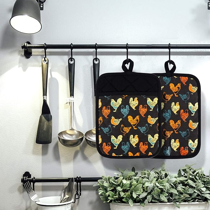 Pot Holders Set of 2 Heat Resistant 480 ℉Non Slip Clear Silicone Printed Comfortable Cotton Lining Kitchen Women Men Cooking Baking Microwave Machine Washable (Rooster, Black Potholders)