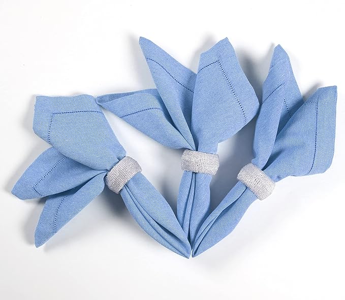 Fingercraft Cloth Napkins, Dual Color Hemstitched Design Dinner Napkins, Everyday Use,Premium Quality Cotton Napkins Perfect for Parties Dinners Weddings Christmas Set of 12, 20 inch Blue White