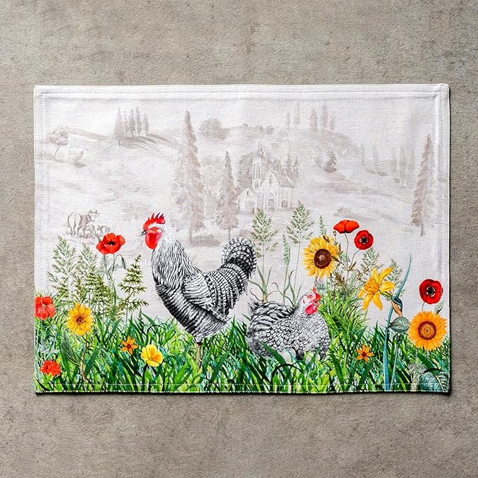 Maison d' Hermine Placemats Set of 4 100% Cotton Washable Cloth Place Mats Reusable Table Mats for Kitchen Dining Party Wedding Gifts for Mothers Day Spring/Summer (Basse Cour, 13" x 19")