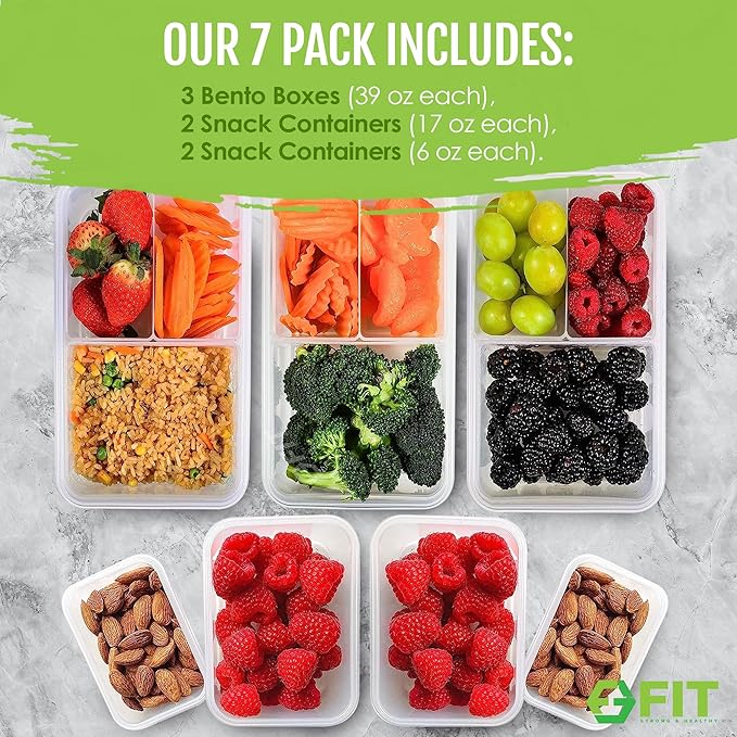Bento Box for Kids and Adults - Reusable Lunch Box Meal Prep Containers - 3 Compartment Snack Box Container with Airtight Lid - Dishwasher, Freezer, Microwave Safe Food Snack Storage (39 oz, 7 Pack)