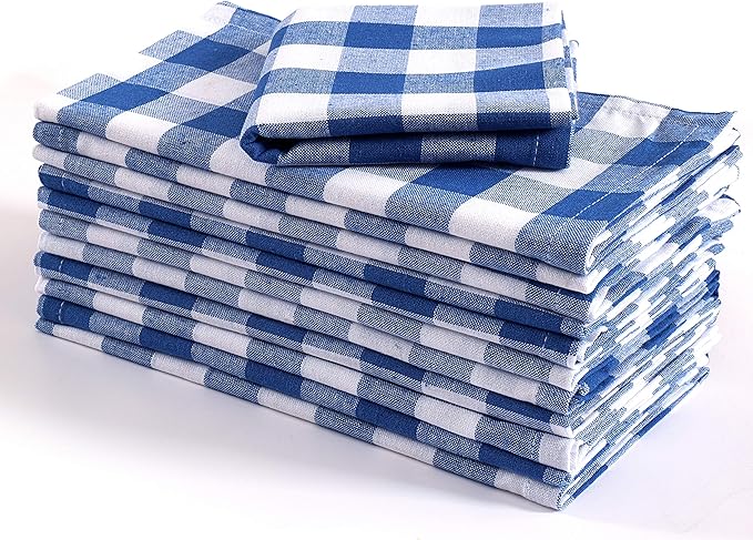 FINGERCRAFT Cloth Napkins, Everyday Use, Premium Quality, Cotton Buffalo Plaid, Set of 12, 20X20 Inch Oversized Napkins Cloth Mitered Corners, Soft, Durable Hotel Quality Blue White Checkered