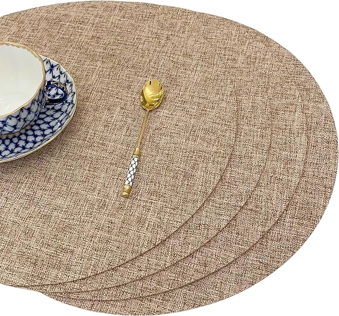 SLOW COW Round Place Mats Set of 4 Linen Placemats for Dining Table Machine Washable 15 inches Natural Linen