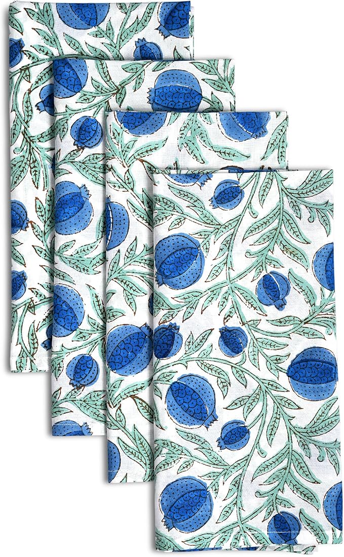 Ridhi Queen Blue Hand Block Print 100% Cotton Napkins 18" x 18" (Set of 4) Reuseable Kitchen Napkins Cloth Decor Dinner Party Wedding Cocktail Gift for Spring, Easter, Valentine