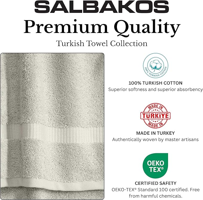 SALBAKOS 100% Turkish Cotton Bath Towels | 4 Piece Turkish Bath Towels Stone 27x54 in Standard Size | Premium Hotel Quality, Super Absorbent, Thick & Plush Turkish Bath Towel (Stone, 4 Bath Towels)