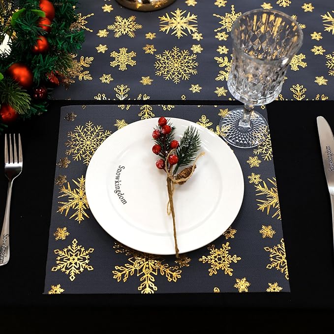 Snowkingdom 2 Pcs Christmas Snowflake Gold Table Runner, 108 Inch Sparkly Gold Glitter Metallic Foil Runners Decorations for Seasonal Winter Festival Holiday Home Party