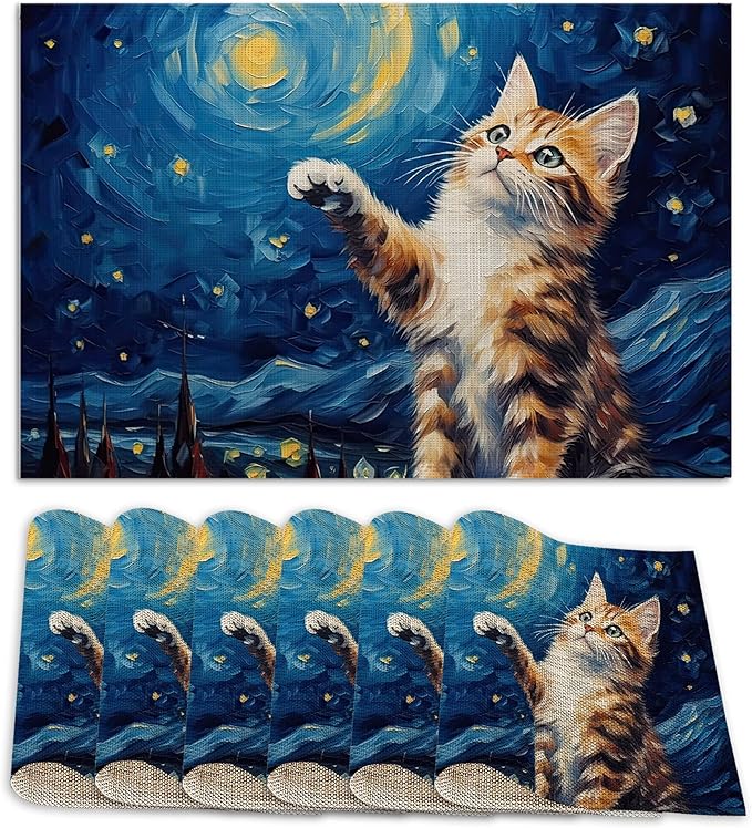 Set of 6 Washable Cute Cat Placemats Non-Slip Heat-Resistant12x18 Inch Thick Decorative Van Gogh Starry NightLinen Table Mats for Dining Table Home Décor
