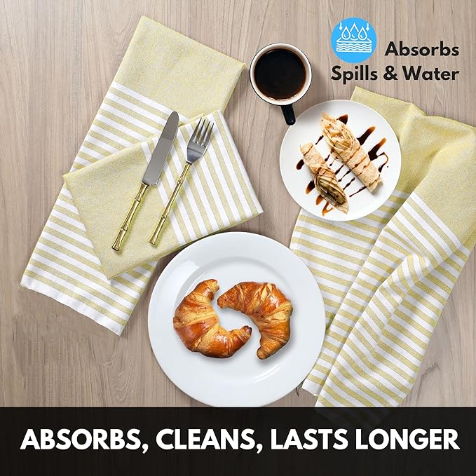 Lemon Yellow Stripe Cloth Napkins 4 Pack, 18x18 Inches, 100% Cotton, Machine Washable, Durable Reusable Table Linen for Everyday Dining, Spring Events, Easter Brunch, Wedding Parties