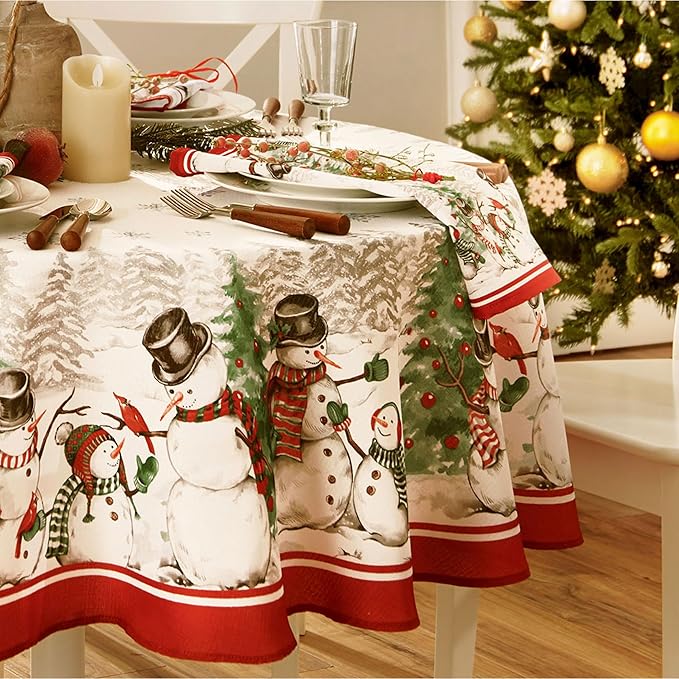 Elrene Home Fashions Snowman Winterland Holiday Snowflake Polyester Tablecloth, 70", Round