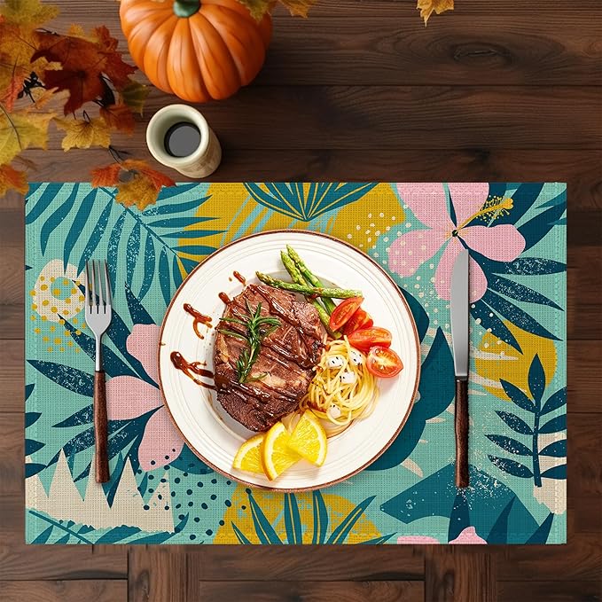 Tropical Leaves Placemats Set of 6,Washable Heat Resistant 12×18 Inch Linen Table Mats Summer Place Mats for Party Outdoor Dining Décor
