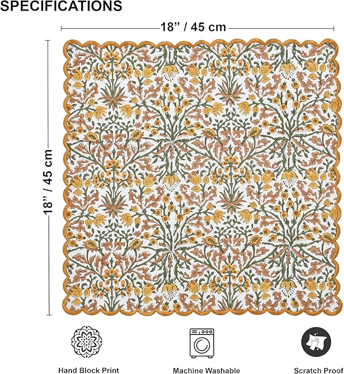 Ridhi Hand Block Print Goldenrod Yellow 18" x 18" (Set of 4) Embroidery Table Napkins Reusable Cotton Dinner Napkins for Weddings, Parties, Everyday Dining Gift for Spring, Easter, Valentine