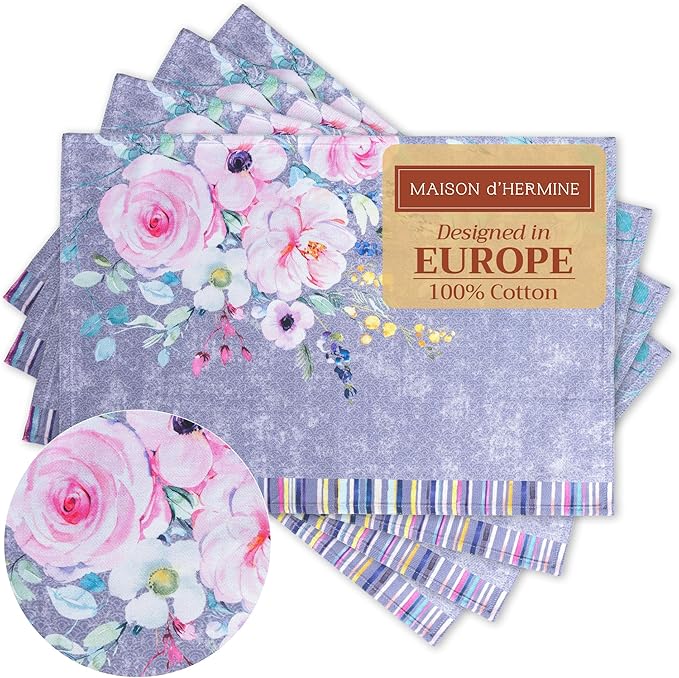 Maison d' Hermine Placemats Set of 4 100% Cotton Washable Cloth Place Mats Reusable Table Mats for Kitchen Dining Party Gifts for Mothers Day Spring/Summer (Sweet Rose Lavender - Lush, 13" x 19")