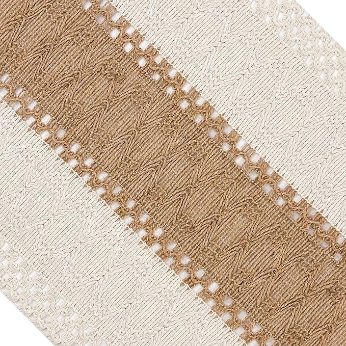 Boho Table Runner for Home Decor with Tassels 90 Inches Long, Farmhouse Rustic Cream & Brown Table Runners for Kitchen Holiday Party and Wedding Decor Runner (12x90in, Fringe Included)