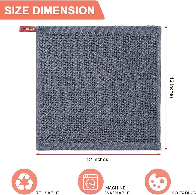BOOMIBOO 8-Pack Kitchen Dish Cloths, 100% Cotton Waffle Weave, Ultra Soft Absorbent, Quick Drying Dish Towels, 12x12 Inches,Dark Grey