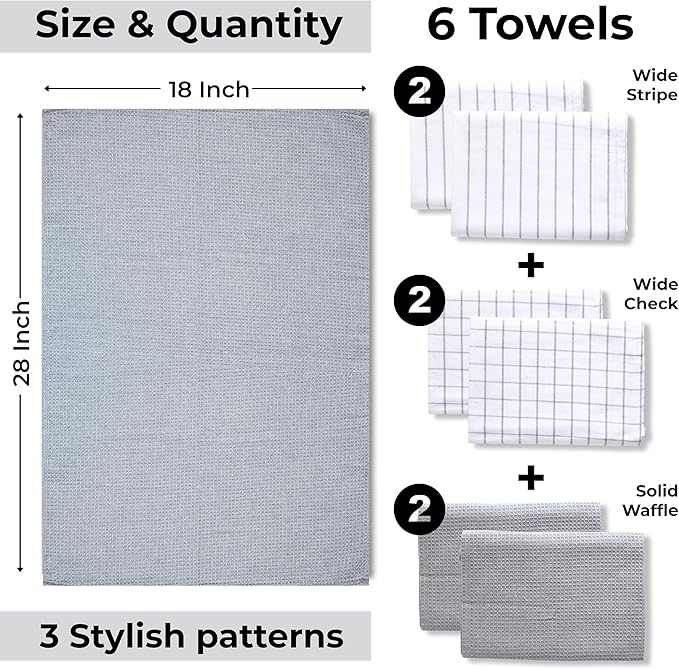 Cotton Dish Towels For Kitchen Drying - Highly Absorbent Wide Light Gray Striped Plaid Tea Towels - 18"X28" Set Of 6 Farmhouse Linen Dishtowels In Bulk - Pano De Prato Para Cozinha - T Towles Towls